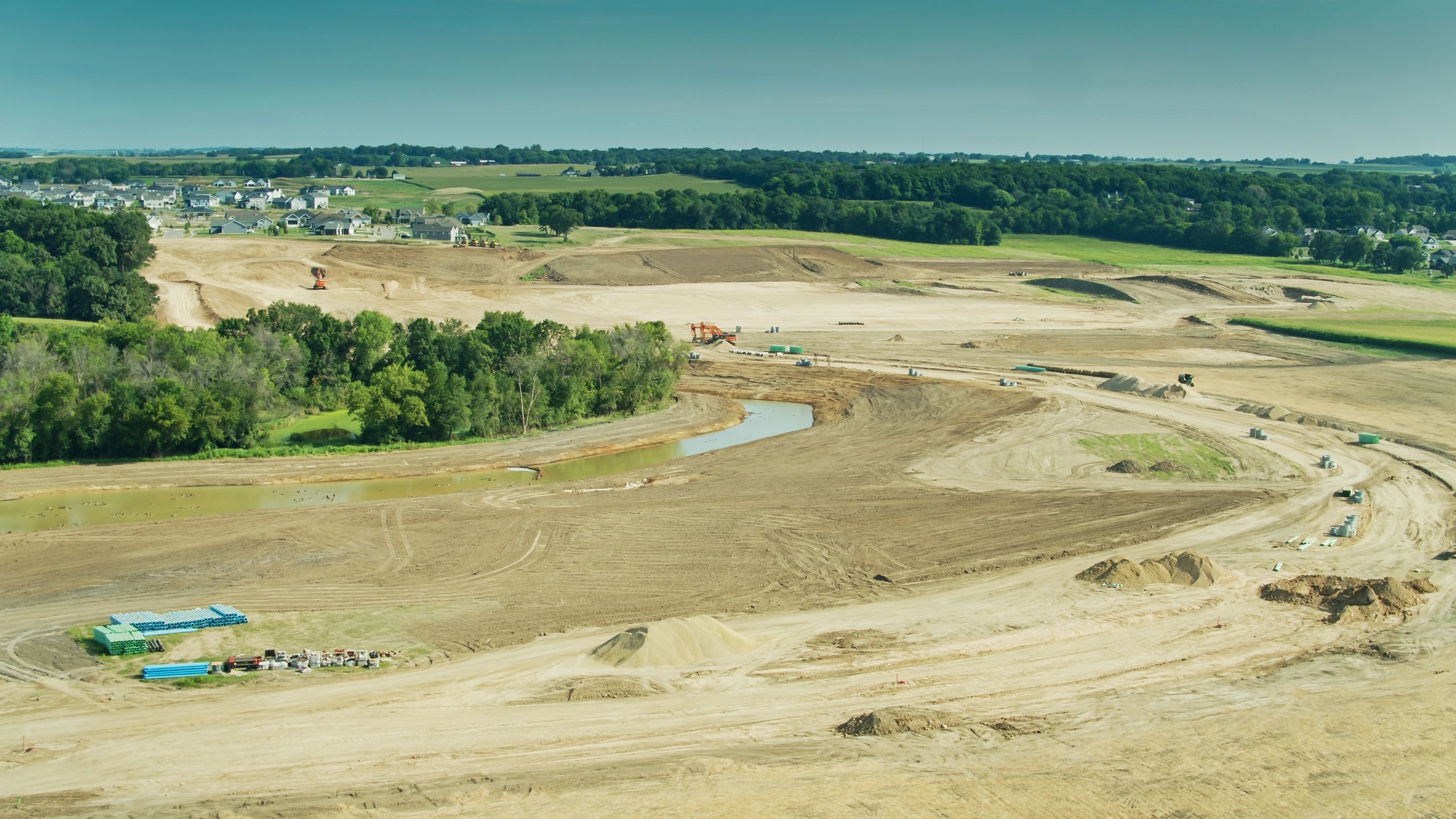 Aerial view of graded land prepared for construction